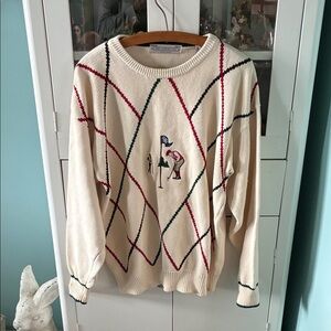 John Ashford Golf sz L Vintage Cream Sweater with Embroidered Design euc 90’s